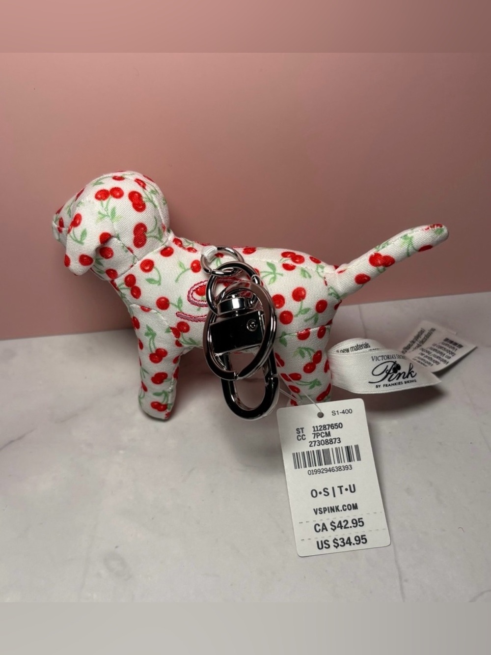 PINK by Frankies Bikinis Micro Dog Keychain Charm “Whimsy Cherries" print